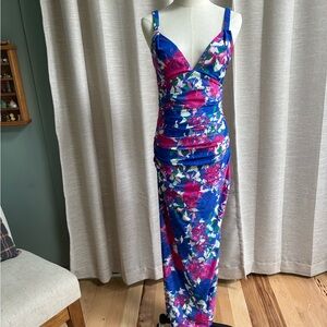 Monique Lhuillier Blue and Pink Ruched Maxi Dress